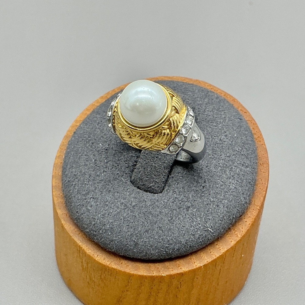 Faux Pearl Rhinestone Ring Gold Silver Tone Weave Band Size 5 Fashion Jewelry